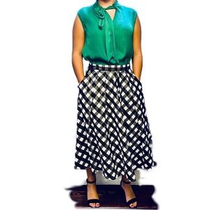 Women Talbots Black & white buffalo plaid midi skirt gathered waist slit…